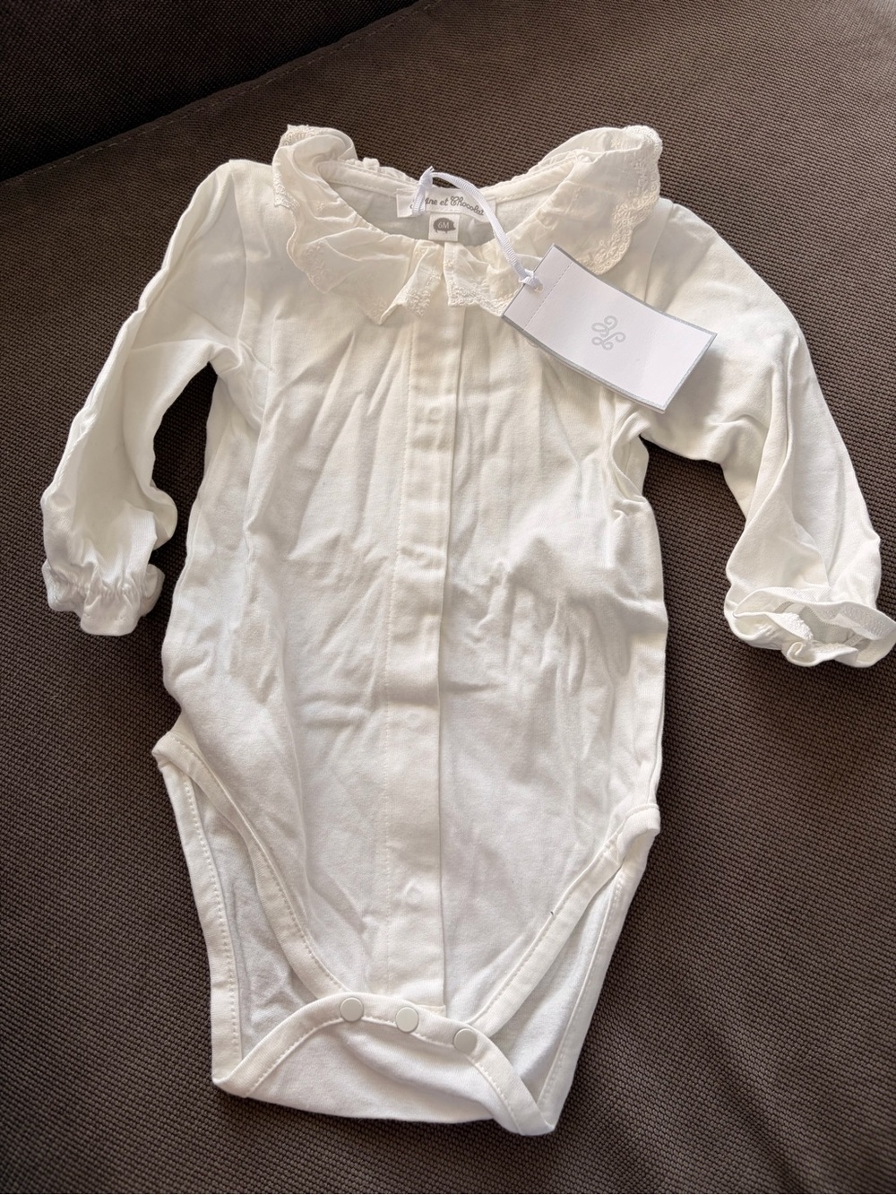 Tartine et Chocolat Cream Lace-Collar Long-Sleeve Baby One-Piece